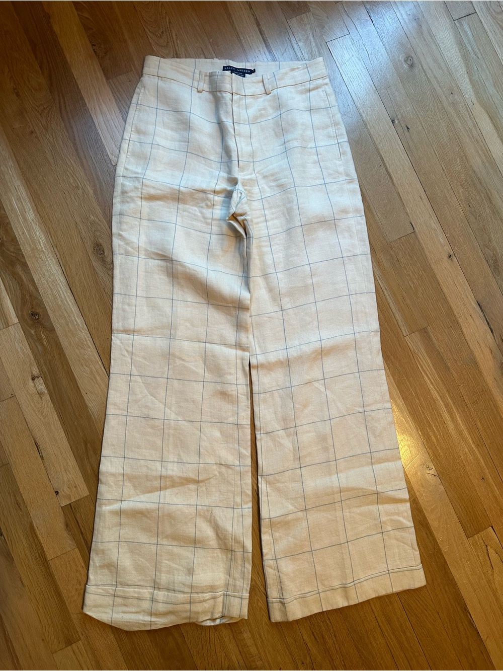 Ralph Lauren Cream Windowpane Wide-Leg Pants 100% Linen